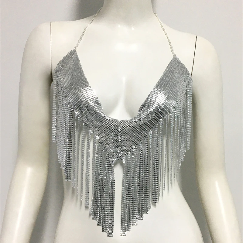Großhandel Frauen Crop Top V-ausschnitt Quaste Metall Leibchen Weste Nachtclub Mädchen Kurze Tank Tops Bodycon Mode Schmuck Y2K Kleidung – Detail 6