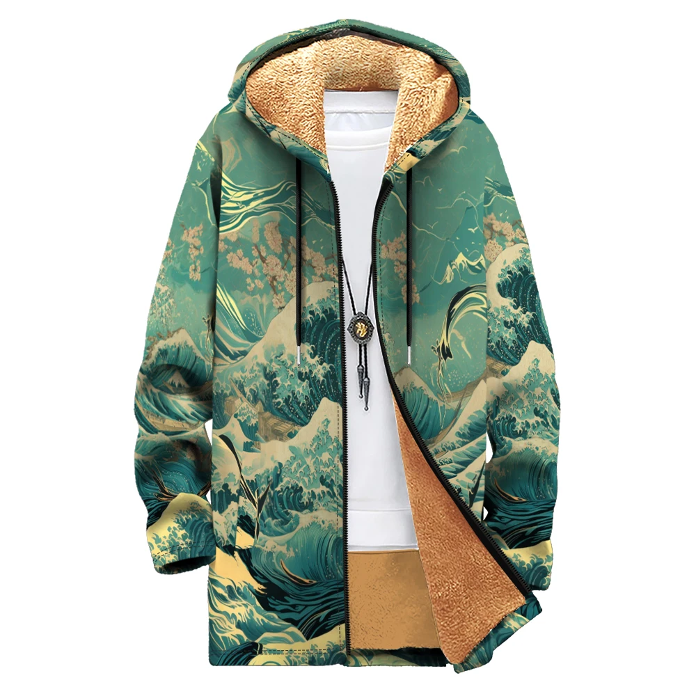 

Мужской кардиган с принтом Mount Fuji Cherry Blossoms, флисовая плюшевая толстая японская волнистая куртка, теплая верхняя одежда, одежда больших размеров