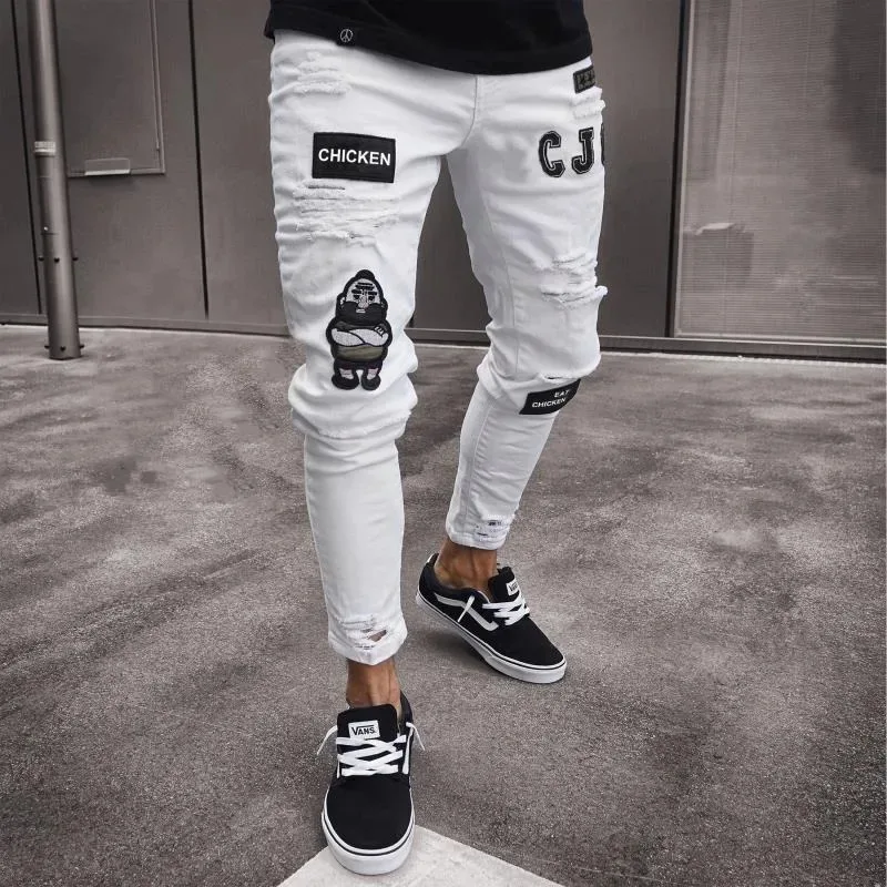 Men Trouser Hipster Pants Jeans Menswear Badge Embroidery Pants Hole in The Knee Zipper Calf Men's Casual Pants Stretch Blue