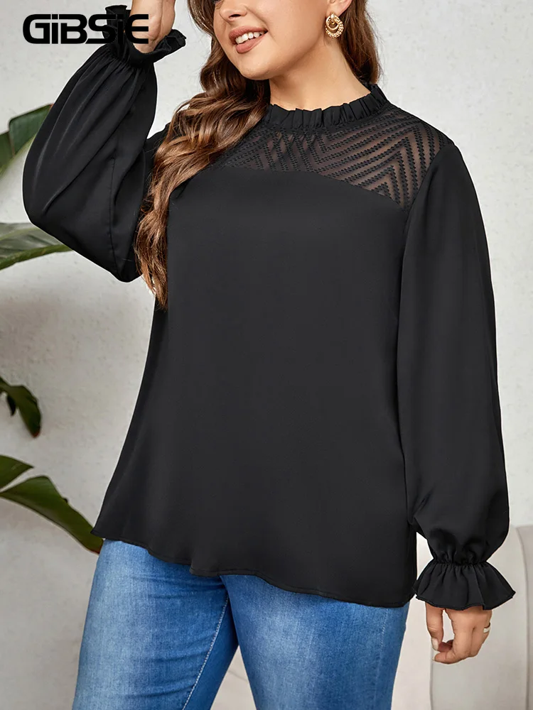 GIBSIE Plus Size Black Frill Neck Contrast Mesh Keyhole Back Blouse Women Spring Fall Elegant Long Sleeve Work Office Shirt Tops