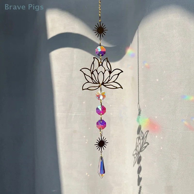 1Pc Suncatcher Gardening Crafts Golden Lotus AB Colorful Water Drop Pendant Crystal Decoration Pendant For Home Wedding Garden