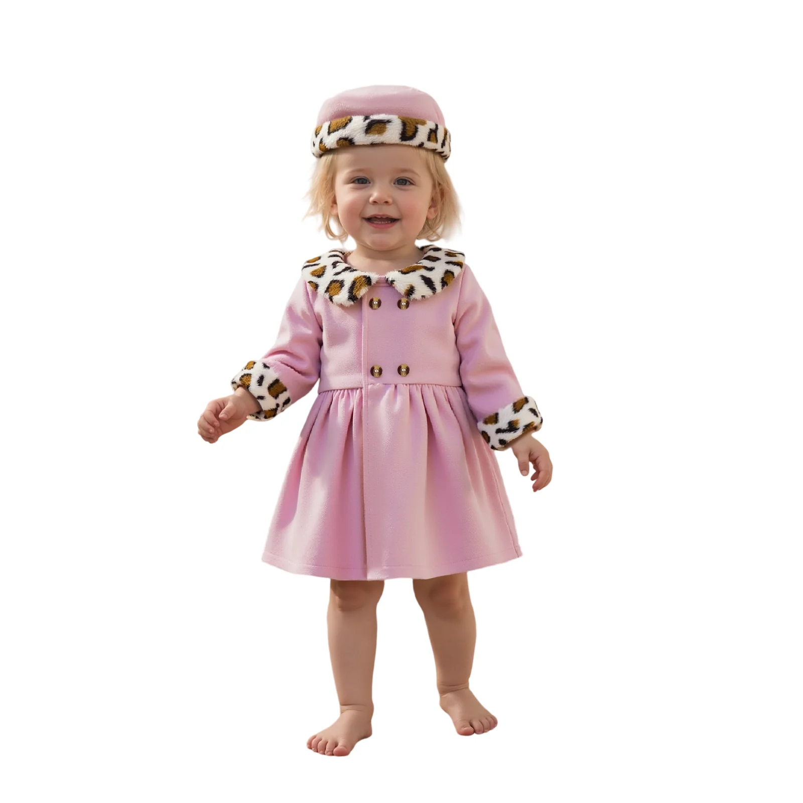 

Toddler Baby Girl Winter Outfits Leopard Fur Trim Button Up Long Sleeve Dress and Round Hat 2 Pcs Set