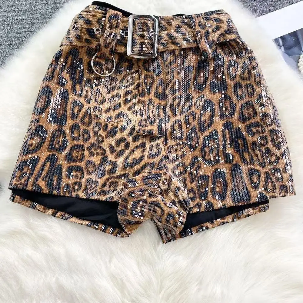 

Spring Fall New Korean Style Girls Leopard Print Sequin Shorts Elastic High Waist Wide Leg Kids Fashion Shorts