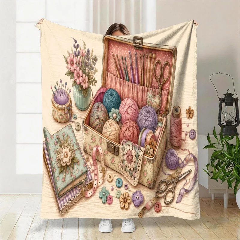Super Soft Vintage Sewing Kit Throw Blanket Cottagecore Crafting Quilt Decor Floral Yarn Embroidery Hobby Picnic Textile Art