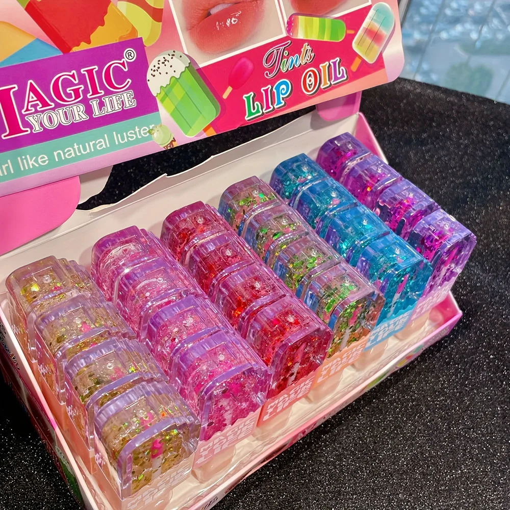 24 stücke Nette Katze Pailletten Lip Öl Liebe Form Farbwechsel Lip Gloss Mädchen Kawaii Natürliche Feuchtigkeitsspendende Lippen Make-Up Party geschenke