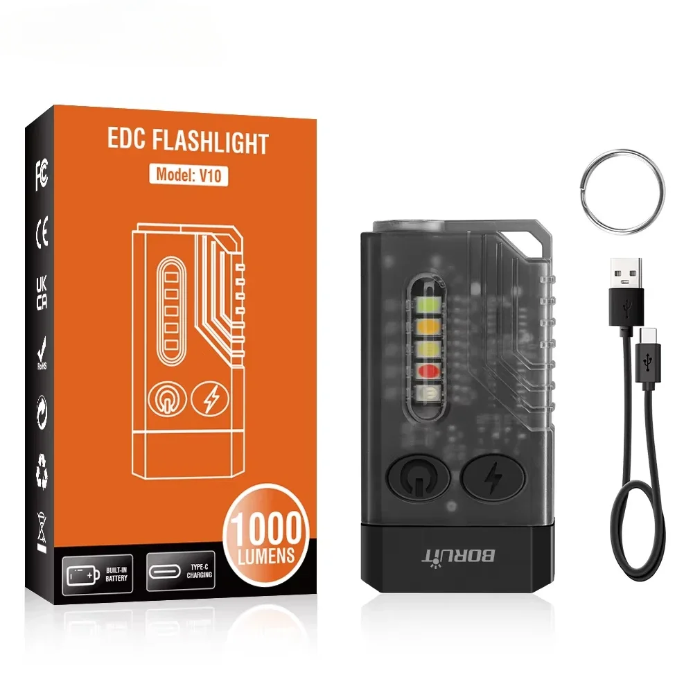 

V10/20/30 LED Keychain EDC Flashlight Type-C Rechargeable Torch Work Light with Magnet Buzzer 365nm UV Camping Pocket Lantern