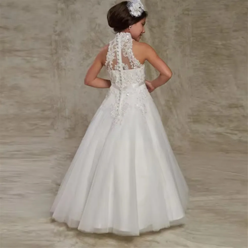 

Classic Flower Girl Wedding Dress Appliques Bow With Belt Sleeveless Ball Gown Princess Party Pageant Dress First Communion Gown