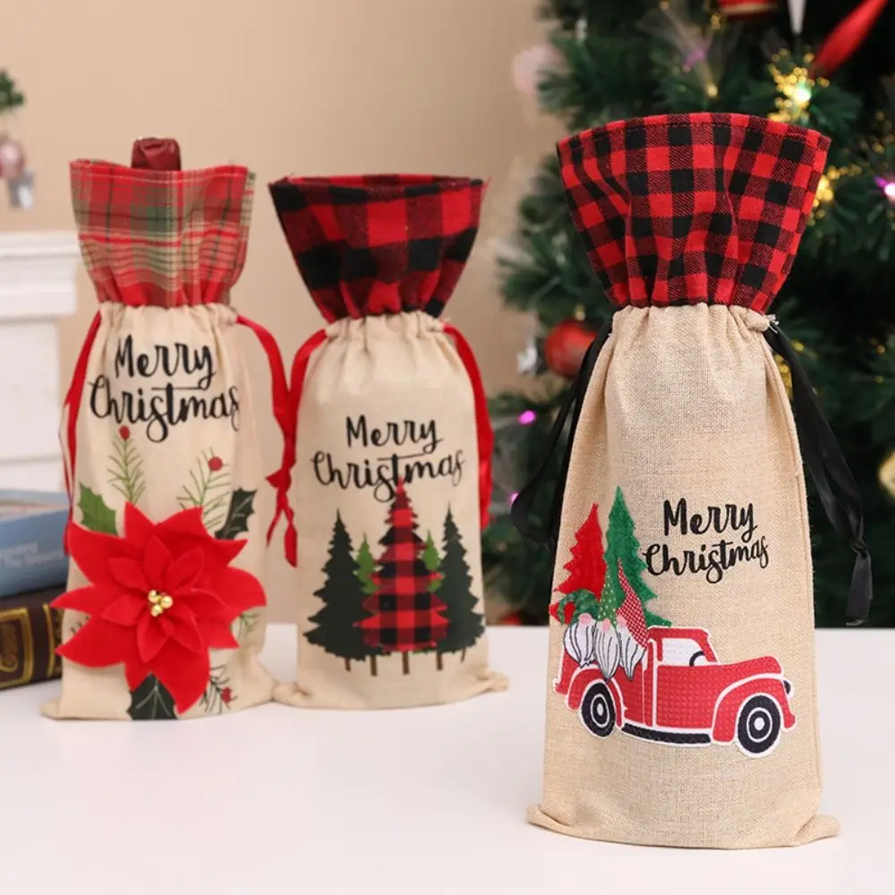 

Portable Drawstring Wine Bottle Set Flower Letter Christmas Bottle Cover Tree Cartoon Wine Bottle Bag New Year Decor