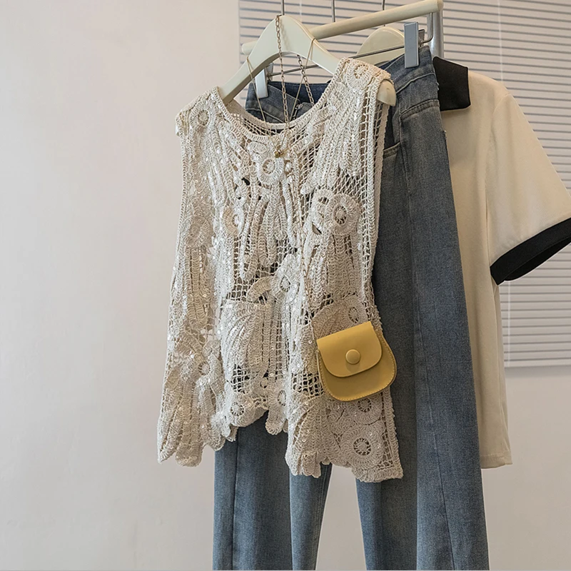 Bohemian Style Sequin Vest Women's Summer Loose Sleeveless Outerwear Gentle Top Shiny Hollow out Design for Holiday