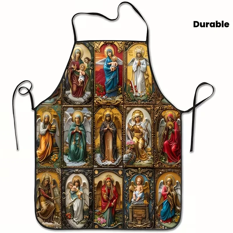 Virgin Mary and Angel Religious Icon Print Polyester Apron, Durable and Comfortable Kitchen, Baking, Gardening Golden Accents