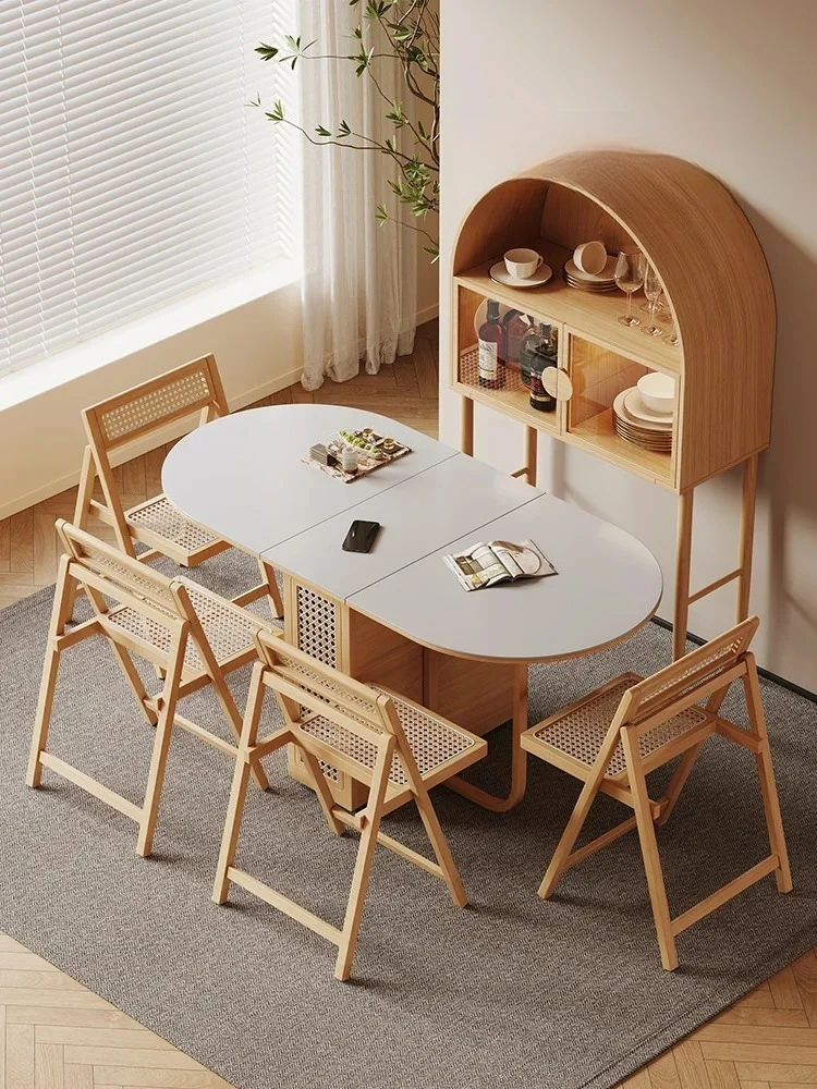 Movable Folding Rock Slab Dining Table Household Multi-functional Dining Side Cabinet Dining Table Integrated Oval