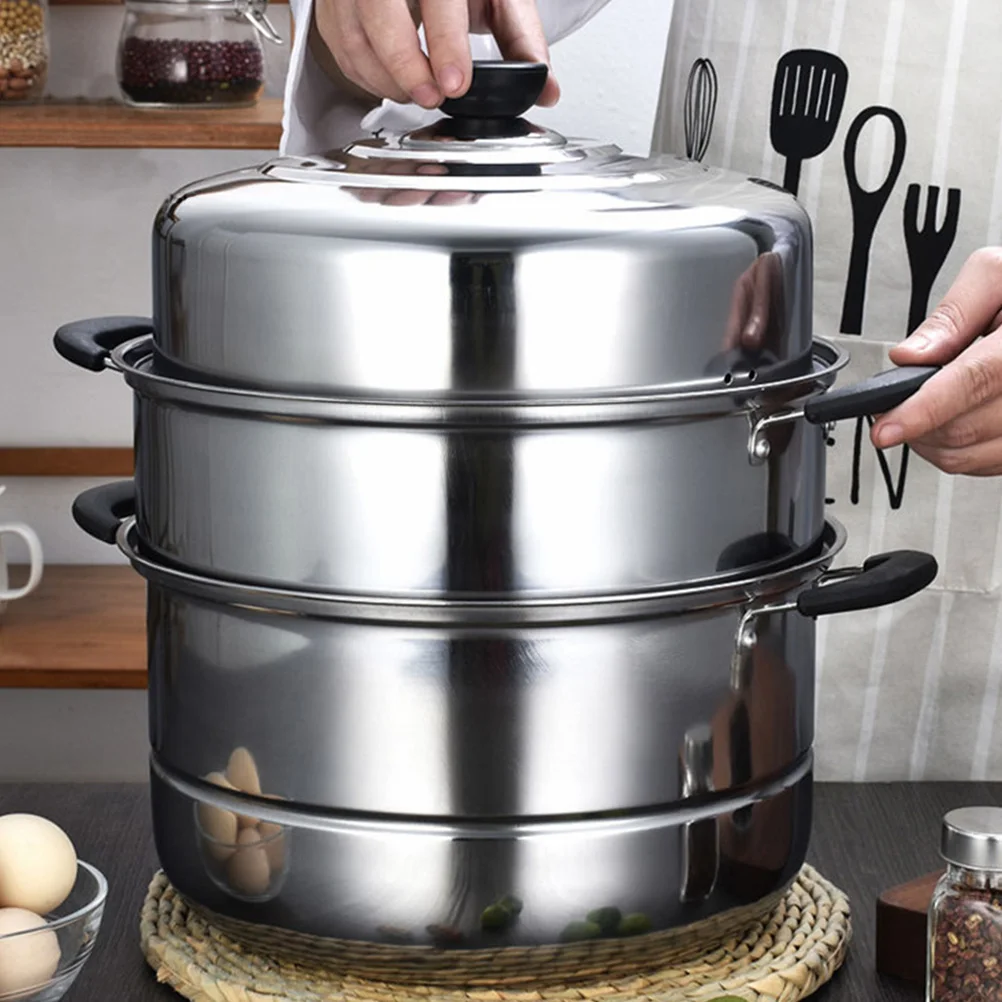

1pc Triple Layer Steamer Pot Stainless Steel Healthy Material High Temperature Resistance Large Capacity Foldable Storage Steam