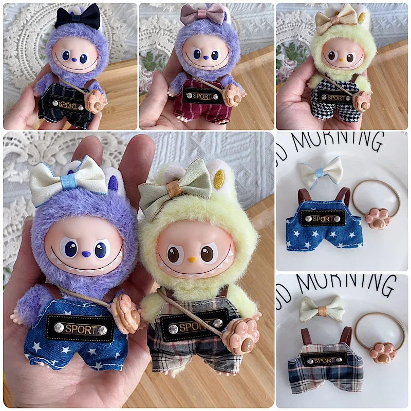 

For 10cm 4th Gen Mini Labubu Heart Code Striped Plaid Star Suspenders with Hair Clip & Crossbody Bag 3-Piece Set for Mini Labubu