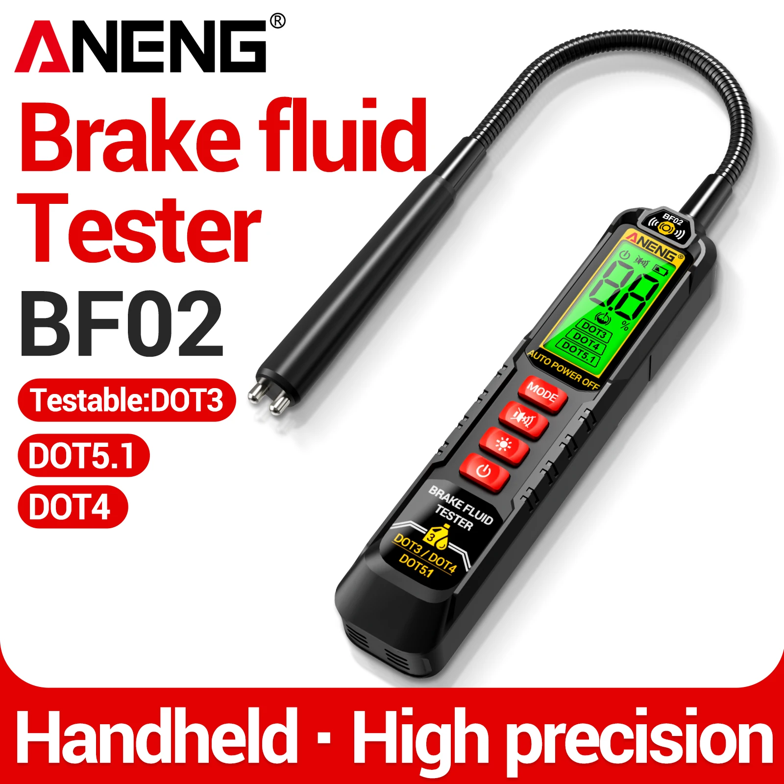 ANENG BF02 Car Brake Fluid Tester DOT3 DOT4 DOT5.1 Moisture Type-C Lithium Charging Backlit Screen Flexible Hose Diagnostic Tool
