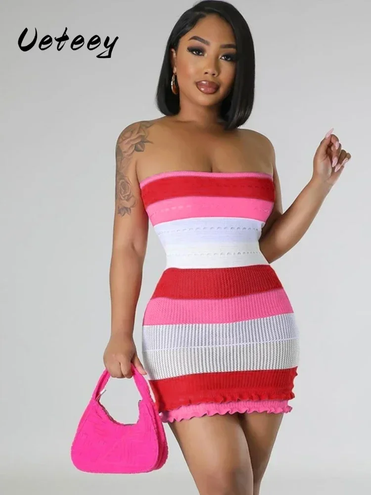 Ueteey Knit Women Tube Dress Elegant Summer Patchwork Striped Ruffles Hem Skinny Stretch Bodycon Street Vacation Clubwear