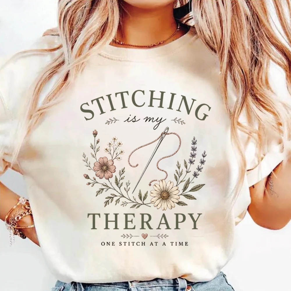 Stitching Is My Therapy T-Shirt Seamstress Floral Shirts Cottagecore Graphic Tshirt Women Short Sleeves Tops Sewing Lover Gift