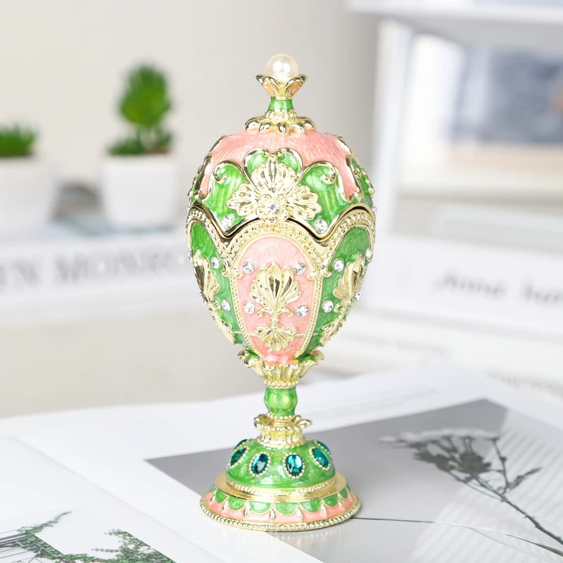 SHINNYGIFTS Hand Painted Easter Eggs Jewelry Trinket Box Enameled Fabergé Egg Style Decorative Unique Gift for Family