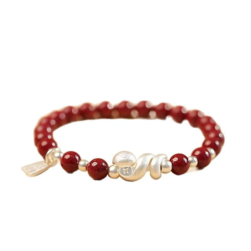 Chinese Style Year Of Snake 999 Sterling Silver Natural Cinnabar Beaded Bracelet For Women Lucky Blessing Wealth Good Fortune