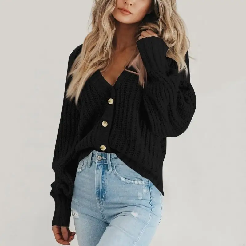 

Y3NE Women's Chunky Knit Open Front Sweater Long Sleeve Button Loose Short Cardigan Outerwear Coats