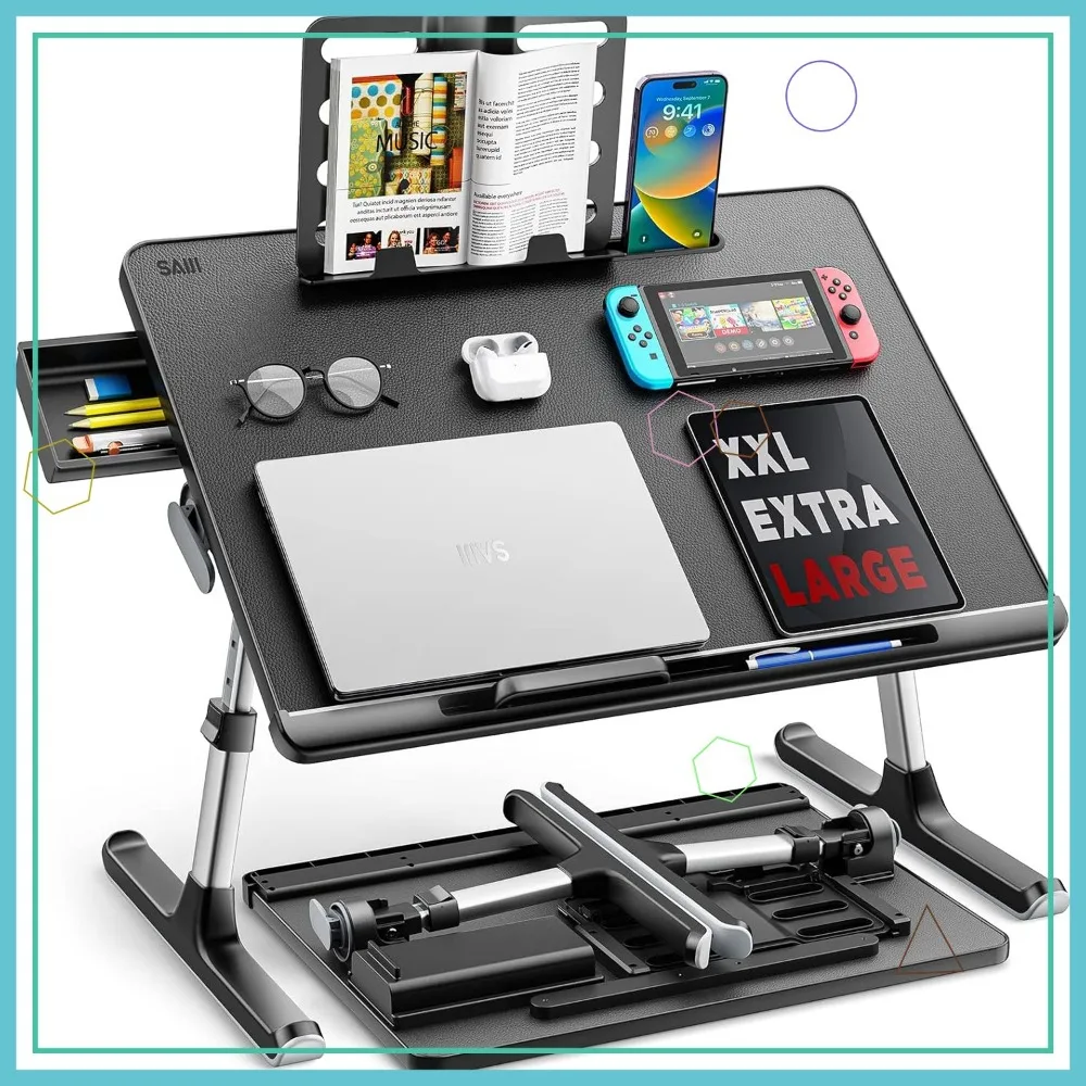 

Adjustable Laptop Bed Tray Desk with Storage Drawer, Foldable for Eating Working Gaming Black