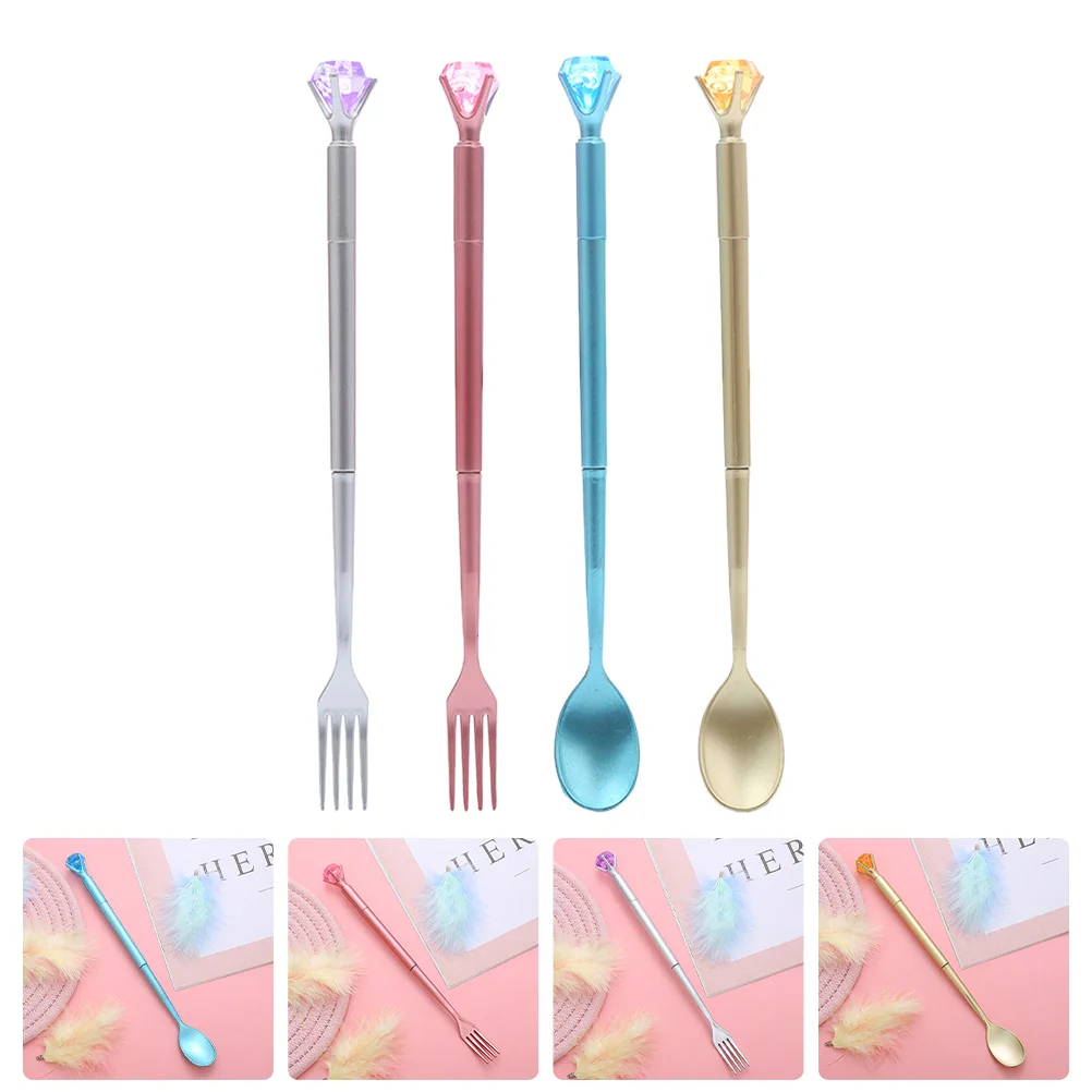 

4pcs Cartoon Spoon Fork Pen Gel Pens Diamond Tableware Design Smooth Writing Students Stationery School Office Use