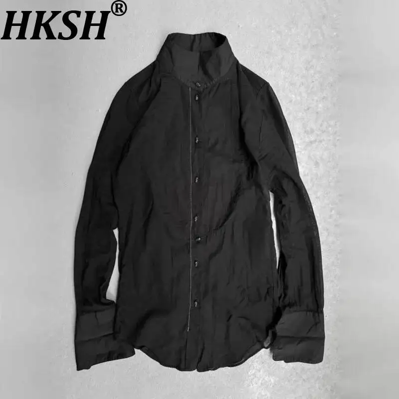 HKSH Summer New Men Tide Dark Punk Visual Skull Pattern Button Shirt Stand Collar Formal Gothic Chic Ins Y2K Vibe Shirts HK25425
