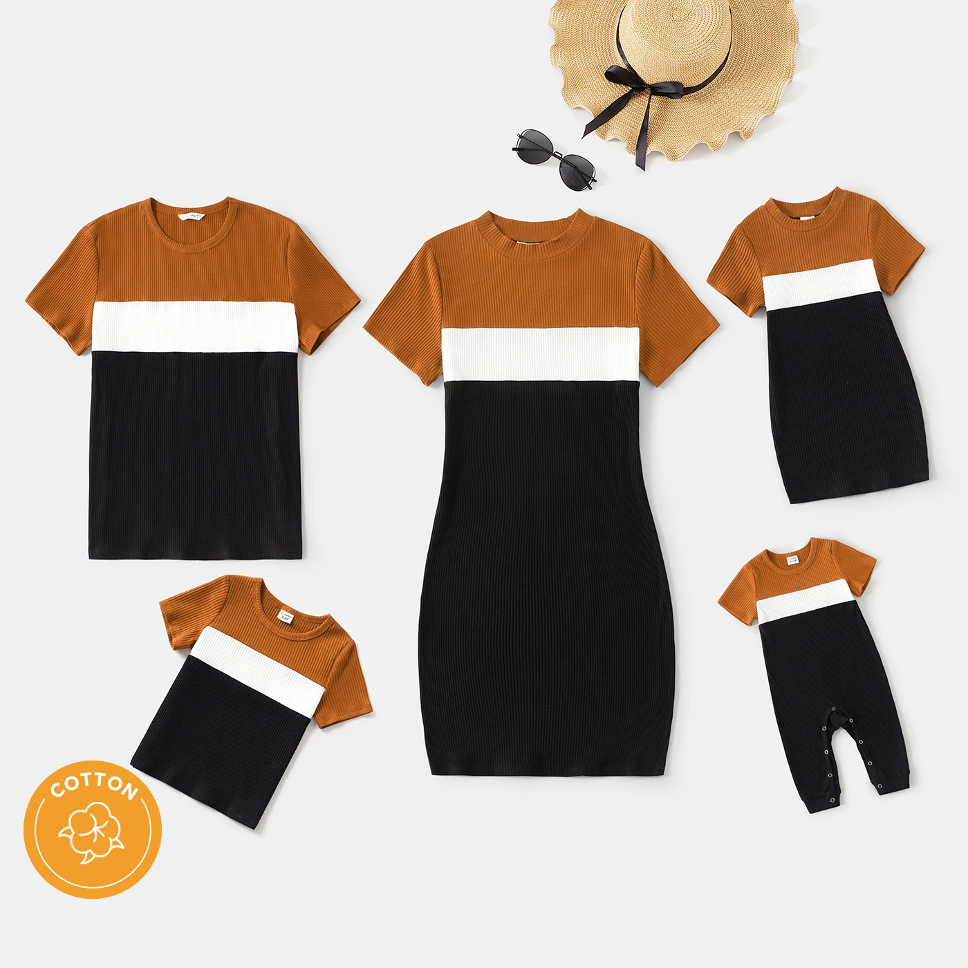 

PatPat Family Matching Cotton Short-sleeve Colorblock Rib Knit Mock Neck Bodycon Dresses and Tops Sets