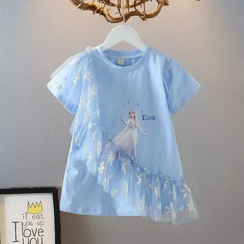 

Disney Children Cartoon Dress Anime Frozen Elsa Princess Pullover T-shirt Dresses Wholesale Girl Ruffles Vestidos Printed Skirt