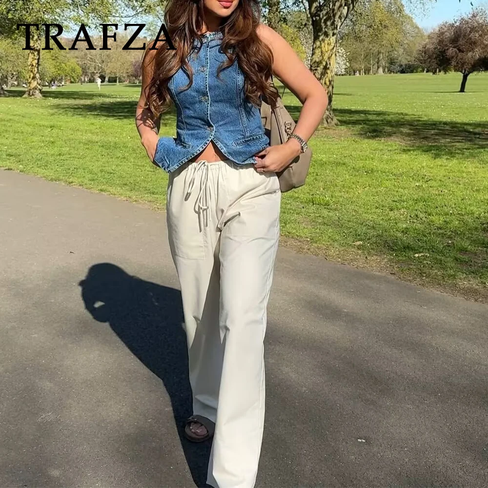 

TRAFZA шикарные сексуальные женские джинсовые топы, однобортные модные летние топы без рукавов 202, уличный женский жилет Y2K