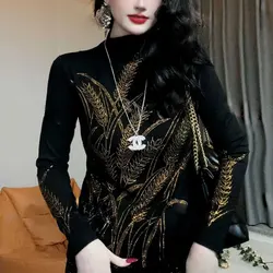 Women's Clothing Fashion Wheat Diamonds Pullovers Basic Autumn Winter Thick Long Sleeve Casual Half High Collar Slim T-shirt New