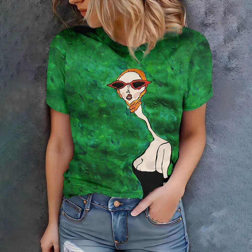 

Women's Green T-Shirt With Red Sunglasses Art Print Casual Summer Style Round Neck Short Sleeve Top For Daily Wear