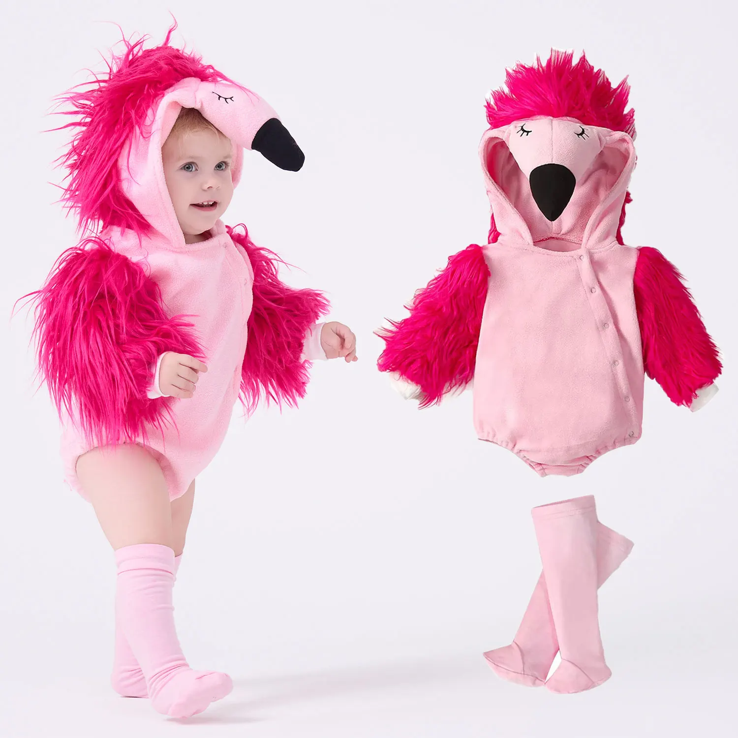 

Umorden 0-24M Baby Girls Flamingo Costume Pink Furry Hoodie Romper Bodysuit Stockings 2pcs/set Long Sleeve Purim Fancy Dress