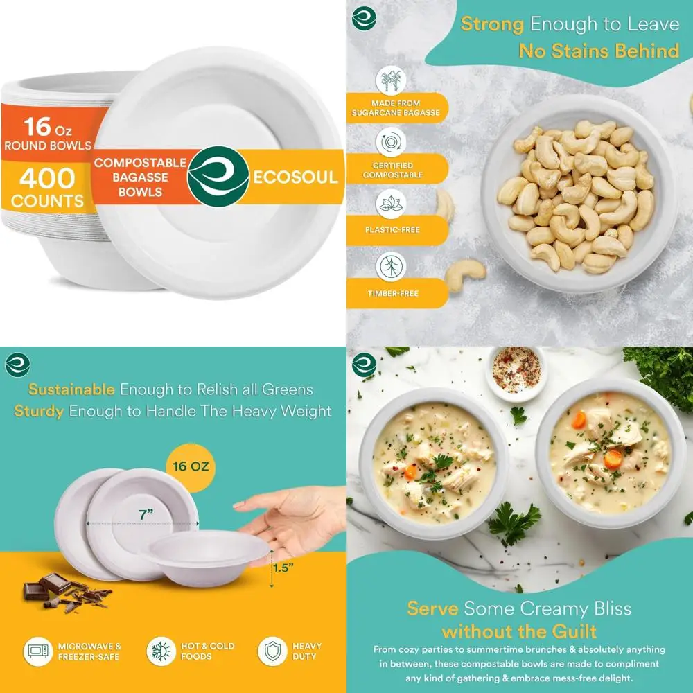 

Compostable 16 Oz Soup Bowls - 400 Pack Disposable Dessert Bowls, Heavy Duty Paper, Eco-Friendly Salad Bowls