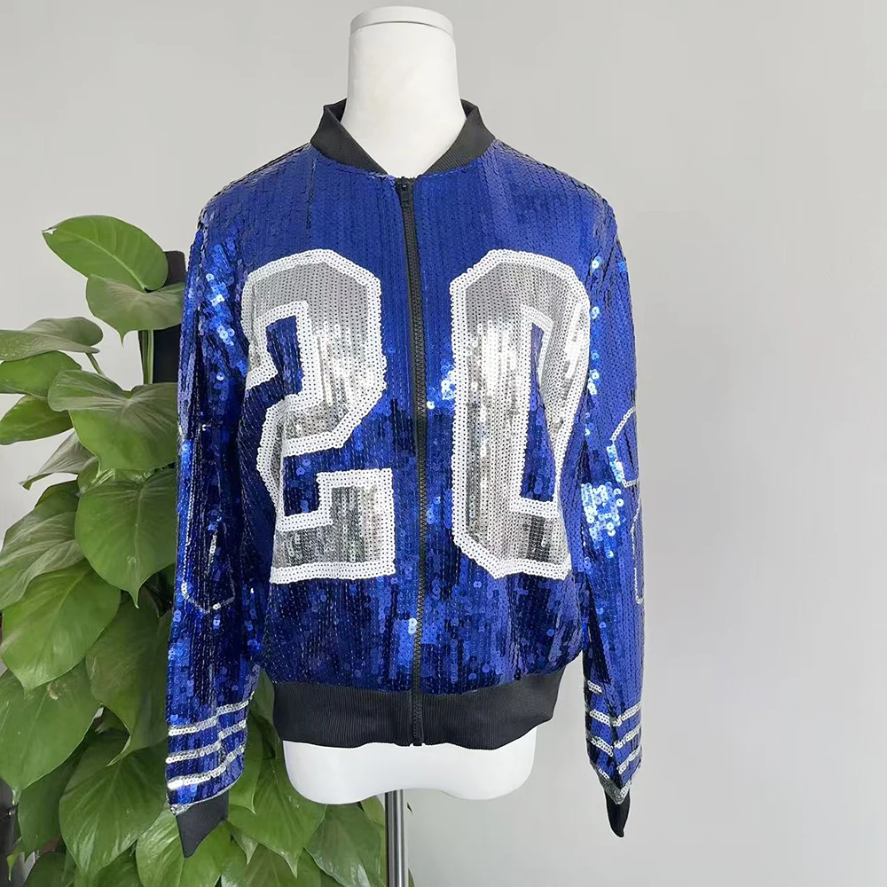 Blue and white 20 zippered zeta jacket sequin clothing