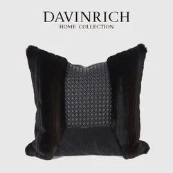 DAVINRICH 위크 블랙 인조 가죽 퍼 패치워크 직사각형 쿠션 커버, 럭셔리 요추 직사각형 베갯잇, 빌라 호텔 사무실용