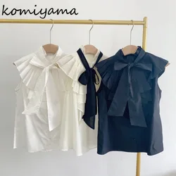 Cascading Ruffle Bandage Bow Blusas Mujer Japanese Stand Collar Pleated Shirts Blouses Sleeveless Camisas Summer Shirt Tops