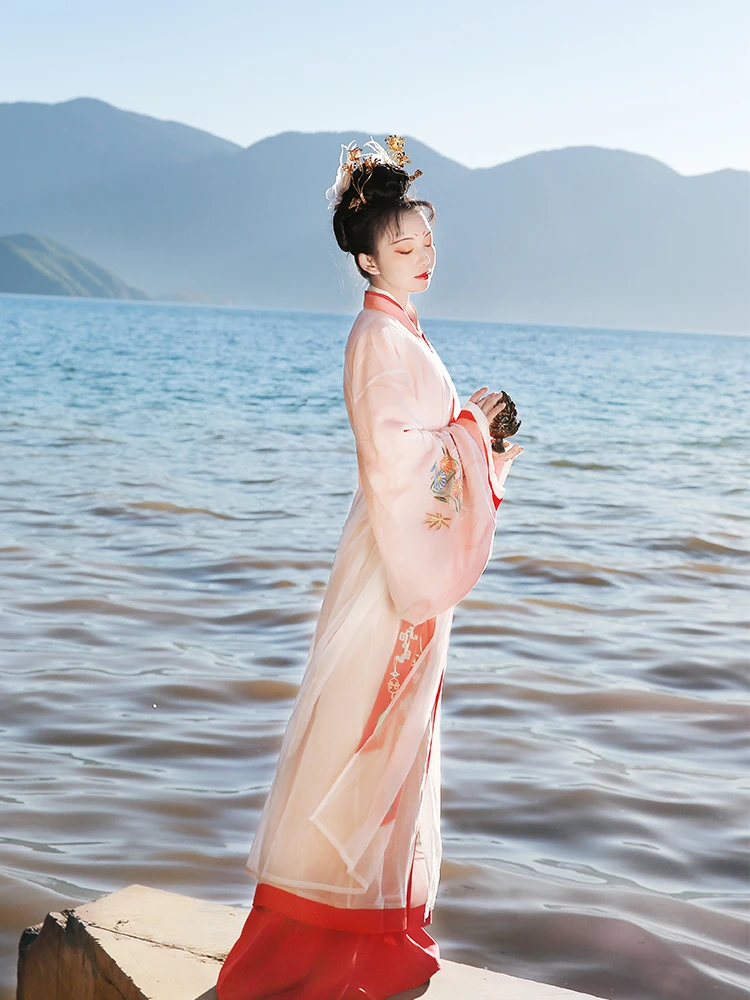 

Повседневная женская одежда Ханьфу: прямая юбка с длинным поясом, костюм в стиле династий Тан и Цзинь, вышивка, полиэстер