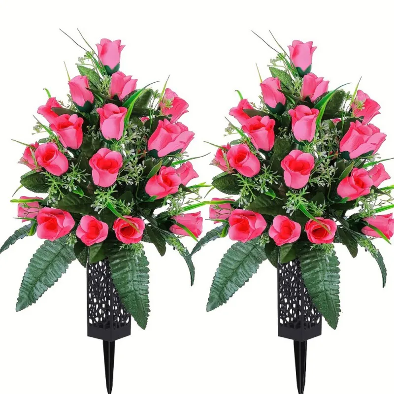 2pcs Artificial Cemetery Rose Flowers Outdoor Grave Decoration Beautiful Arrangements Bouquet Memorial Floral with Cone Vase