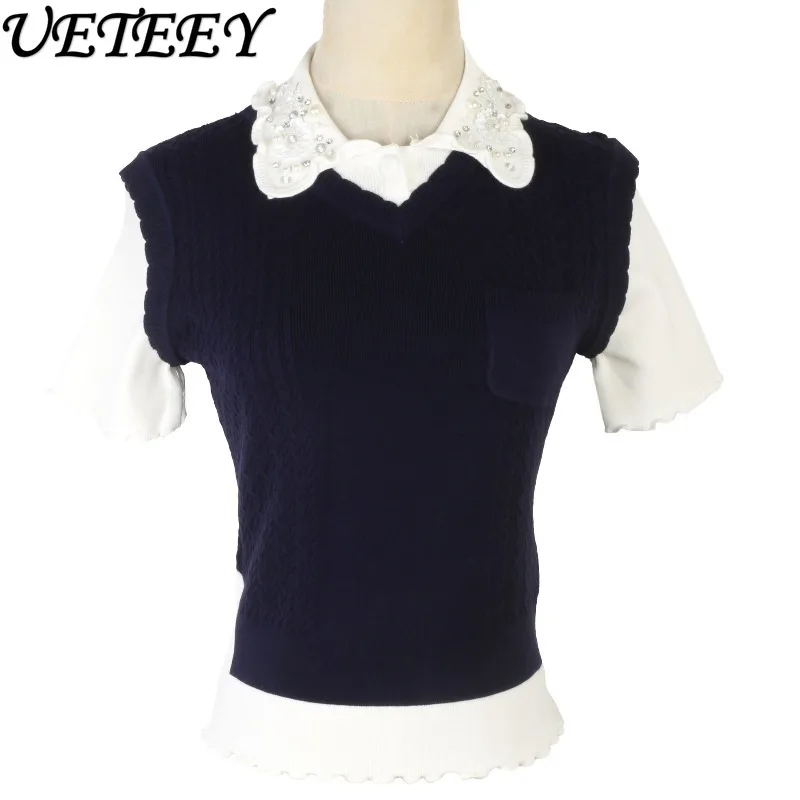 Outono nova camisa de base doce para mulheres gola polo curto fino topo francês romântico estilo socialite manga curta pulôver