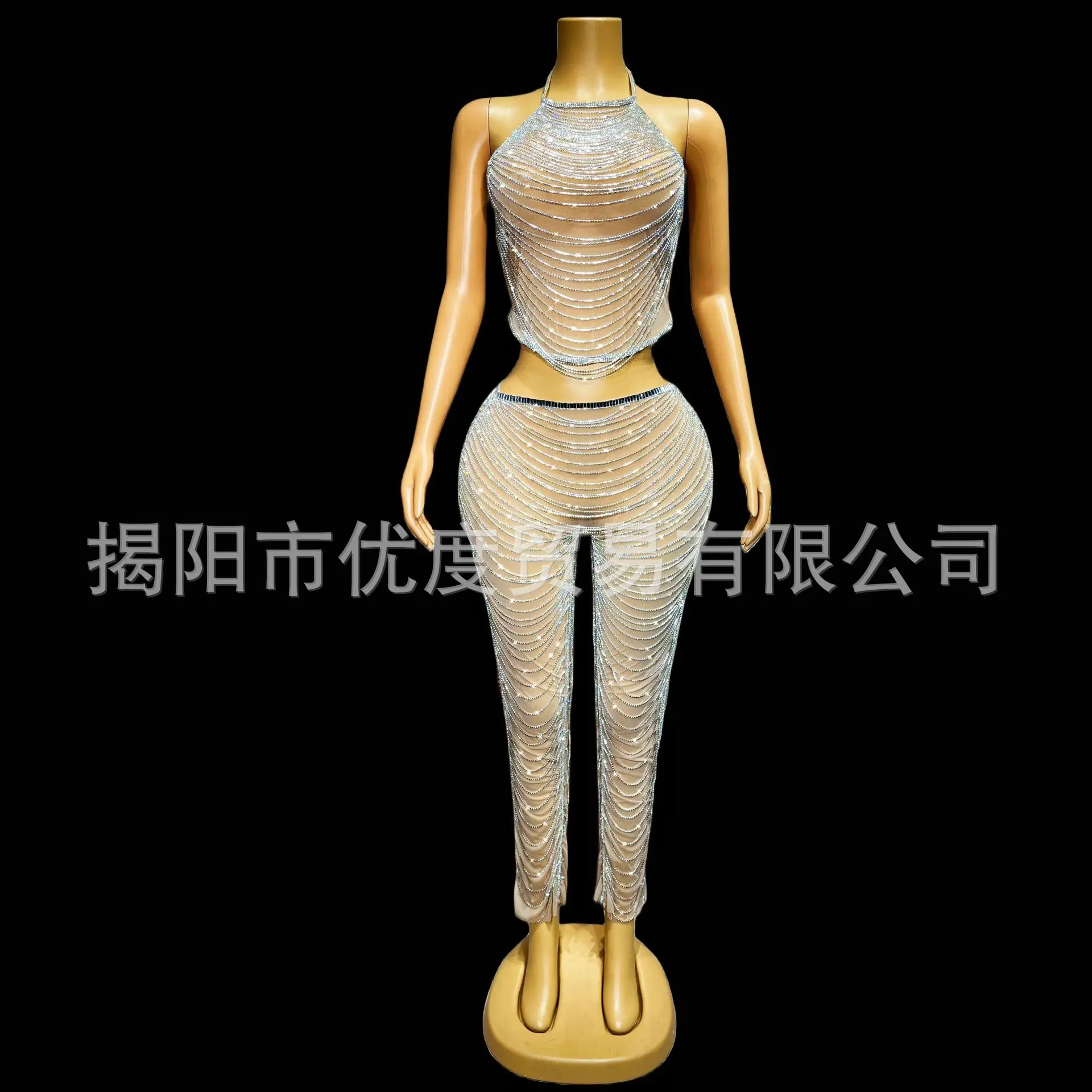 الصناعة الثقيلة الماس سلسلة الرقبة الرسن السراويل مقسمة إلى فستان من قطعتين كوكتيل أداء حفلة البطن جيب Partykleider #3