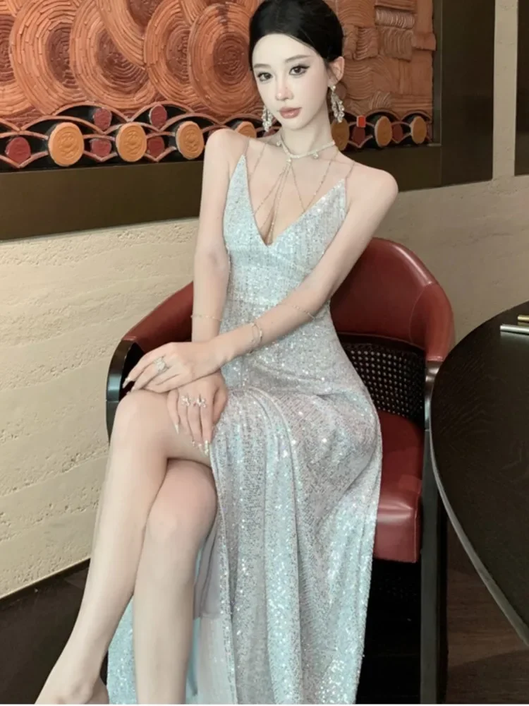 

Sexy Slim Evening Gown Luxury Dresses Women's Backless V-Neck Split Maxi Dress Fashion Robe Birthday Party Spring Autumn New