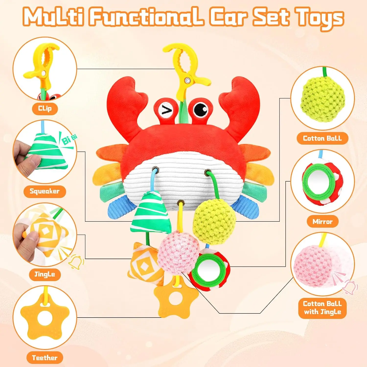 Hanging Activity Travel Toy for Car Seat, Stroller, Crib & Play Gym, Portable Sensory Hanging Ornament with Pull Cords, Rattle & Mirror, Multi-Scene Travel Accessory