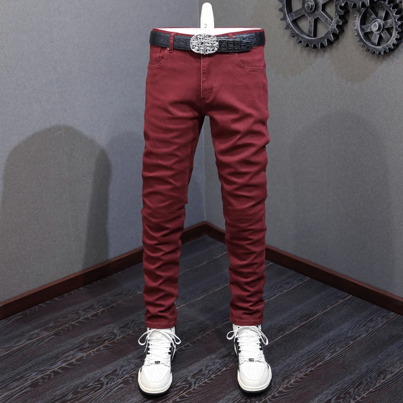 

Fashion Designer Men Jeans High Quality Wine Red Elastic Stretch Slim Fit Vintage Jeans Men Trousers Casual Denim Pants Hombre