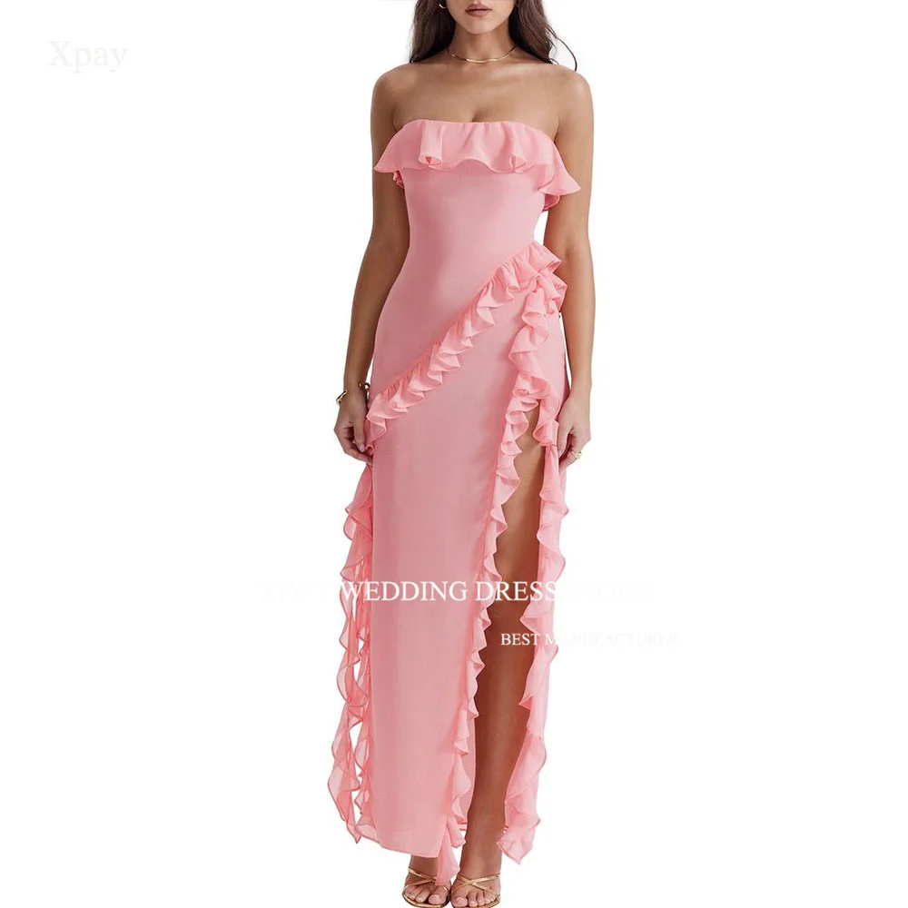 

XPAY Pink Evening Party Dresses Ruffle Side High Slit Prom Gown Solid Color Strapless Ankle-Length vestidos de festa Custom Made