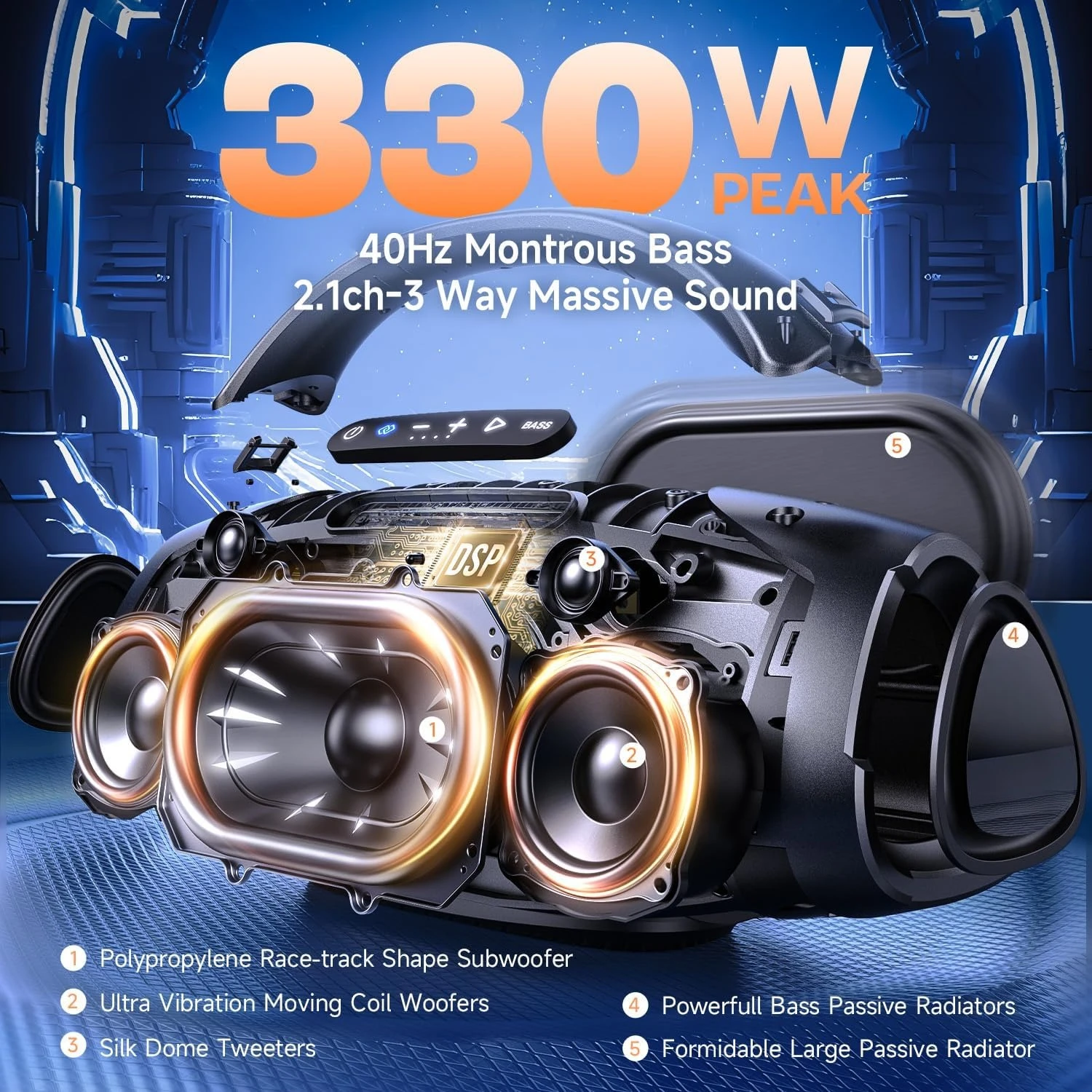 Altavoz Bluetooth grande Peak Party de 330W, altavoz resistente al agua IPX7, caja de pluma de graves masivos, altavoces exteriores inalámbricos ruidosos