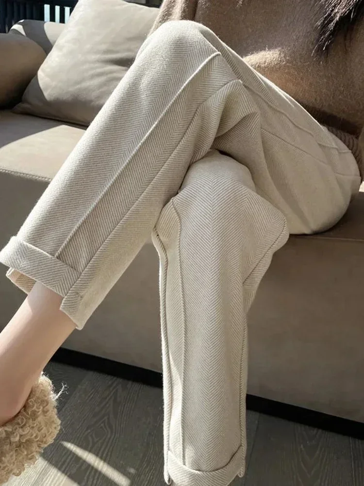 High-waisted Herringbone Wool Trousers Women Fashion Loose Casual Thickened Warm Black Pants 2026 Autumn New Tweed Pants Women