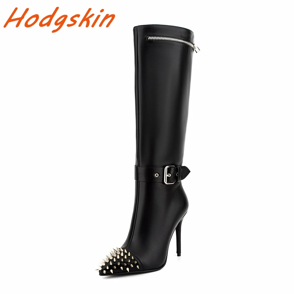 

Metal Toe Knee High Women Boots Pointed Toe Square Button Side Zipper Stiletto Heels Spring Autumn Genuine Leather Fashion Boots