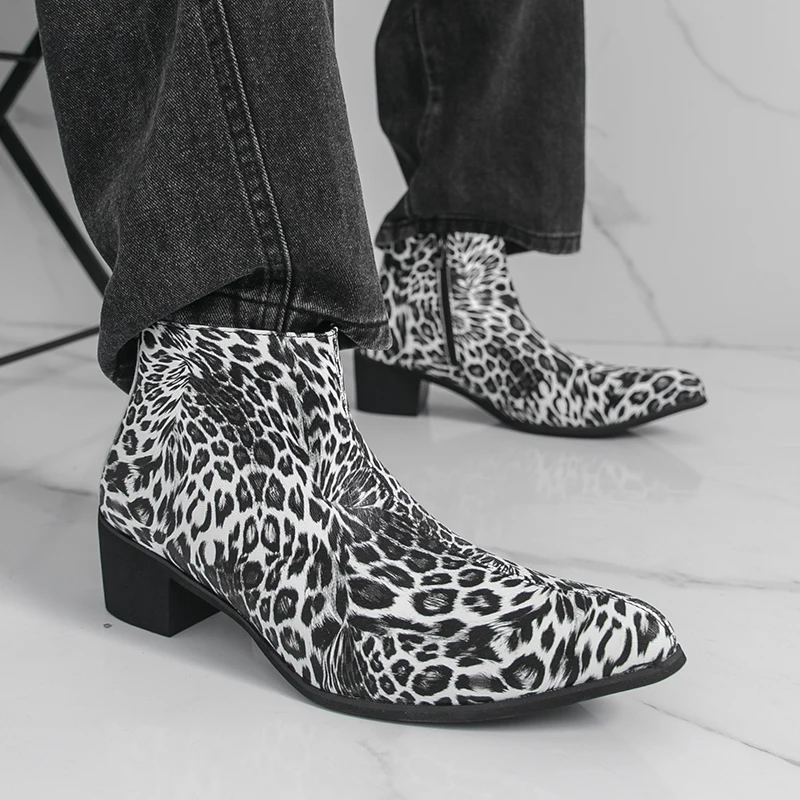 Fashion Leopard Print Pattern Leather Boots Quality Men's High Top Chelsea Boots Outdoor Street Style Youth Split Leather Boots