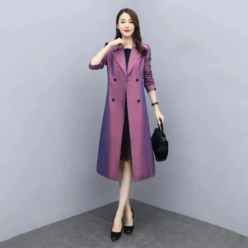 Purple Women\'s Windbreaker Coats 2023 Spring Autumn New Chameleon Chic Long Trench Coat Over The Knee Overcoat Outerwear Female