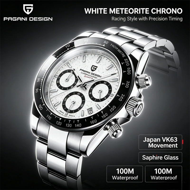 PAGANI DESIGN PD1644 Men's VK63 Quartz Chronograph Watch Sapphire Glass Stainless Steel 100M Waterproof Sport Wristwatch